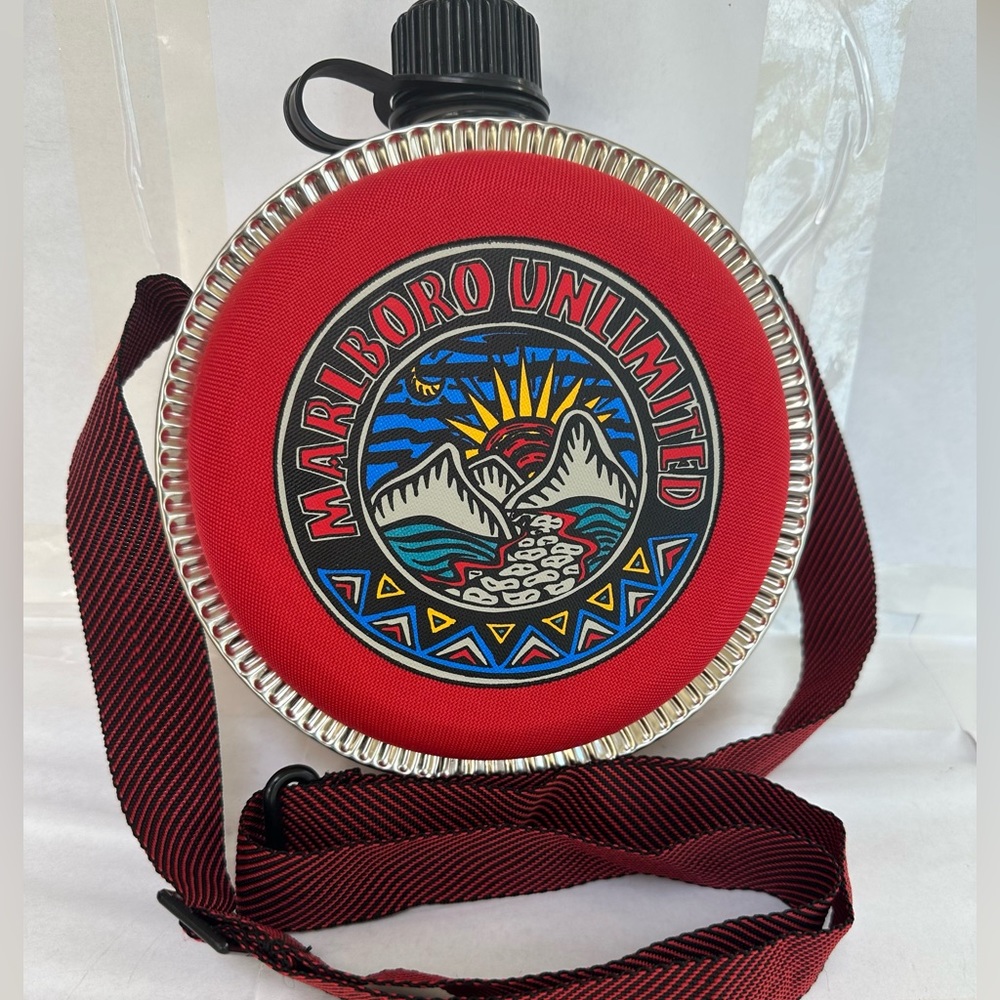 Vintage marlboro unlimited water canteen red and black shoulder strap camp